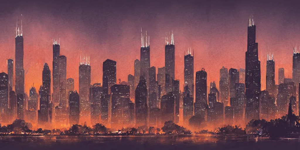 Image similar to cartoonish chicago city skyline in the night, vivid colors, character sheet, fine details, concept design, contrast, kim jung gi, greg rutkowski, watercolor, trending on artstation, 8 k, full body, turnaround, front view, back view, ultra wide angle