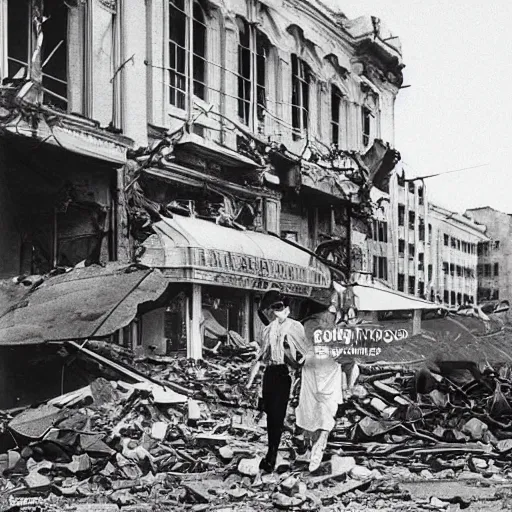 Prompt: ultra high detail modern city destroyed by war in ruins with hollywood couple walking around with shopping bags laughing at homeless person, color photograph very high detail