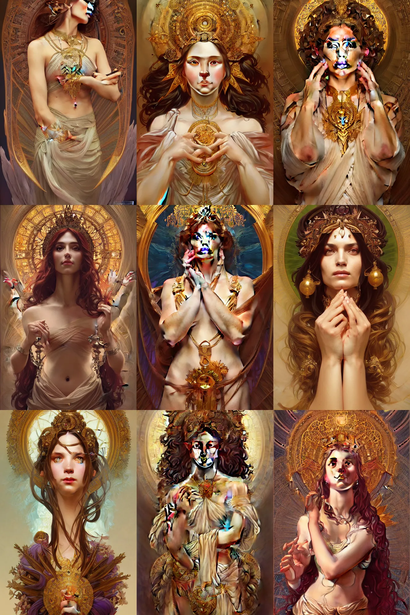 Prompt: portrait of the Goddess of Wisdom, fantasy, elegant, intricate, full frontal shot, highly detailed, digital painting, artstation, concept art, sharp focus, illustration, art by artgerm and greg rutkowski and alphonse mucha