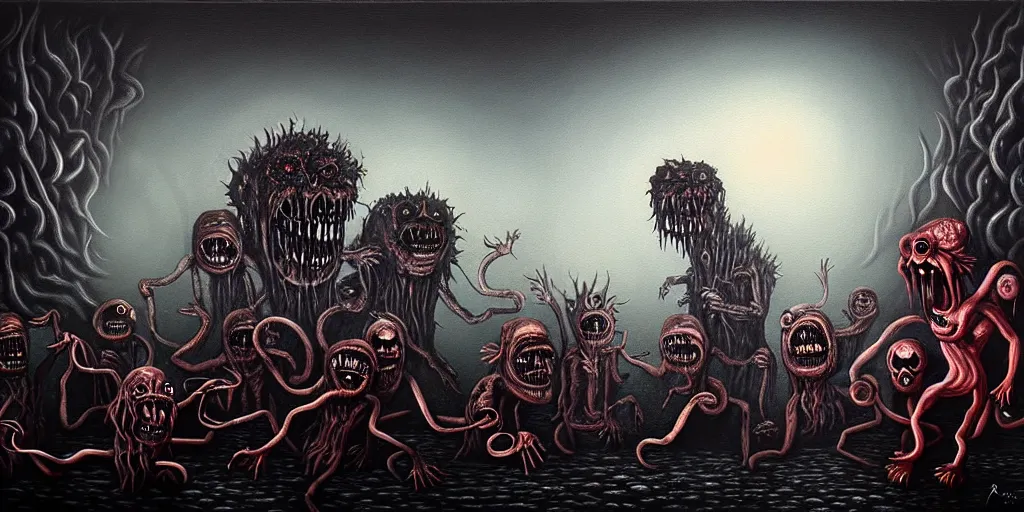 Image similar to repressed emotion creatures and monsters at the mouth of hell, attempting to escape and start a revolution, in a dark surreal painting by ronny khalil