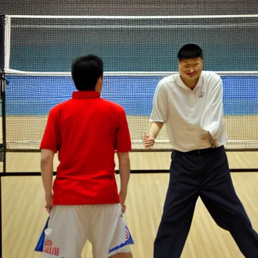 Prompt: a photo of yao ming playing ping pong with bill gates