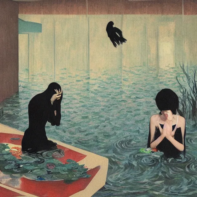 Prompt: tall emo female artist holding a turtle in her flooded apartment, seaweed, pomegranates, octopus, water gushing from ceiling, painting of flood inside an artist's apartment, a river flooding indoors, ikebana, zen, rapids, waterfall, black swans, canoe, berries, acrylic on canvas, surrealist, by magritte and monet