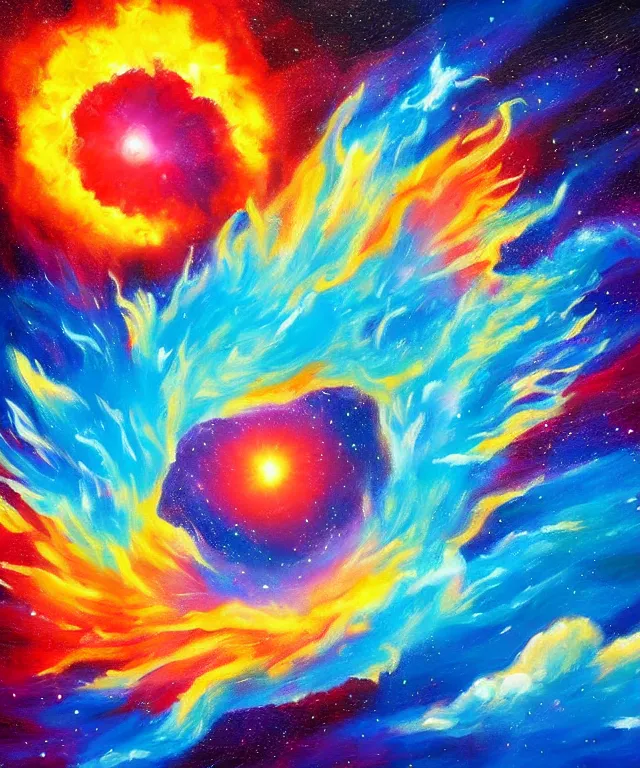 Prompt: blackhole sun, space, professional painting, bright colors, phoenix flames, nebula clouds
