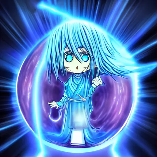 Image similar to a beautiful manga character wizard with free flowing hair holding a staff that has a glowing blue orb at the head of it emanating brilliant blue light, high detail, high resolution