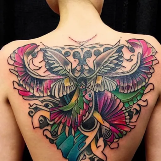 Image similar to tattoo along female back, epic, colorful, beautiful, intricate detail