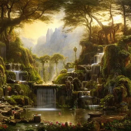 Prompt: a beautiful and highly detailed matte painting of a magical fountain in a fantasy garden in a lush forest deep in the mystical mountains, intricate details, epic scale, insanely complex, 8 k, sharp focus, hyperrealism, very realistic, by caspar friedrich, albert bierstadt, james gurney, brian froud,