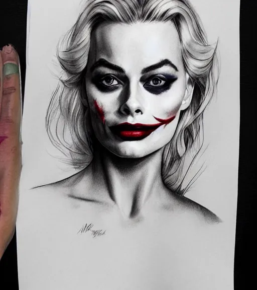 Image similar to tattoo design sketch of beautiful margot robbie portrait with joker makeup, in the style of den yakovlev, realistic face, faded, black and white, realism tattoo, hyper realistic, highly detailed, faded drawing