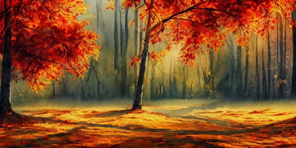 Prompt: autumn nature landscape, watercolor, ultra realistic, highly detailed, hd, sharp focus, cinematic lighting, warm colors, realistic, photorealistic, vivid colors, painting, digital art, non blurry, sharp, artstation, smooth, illustration