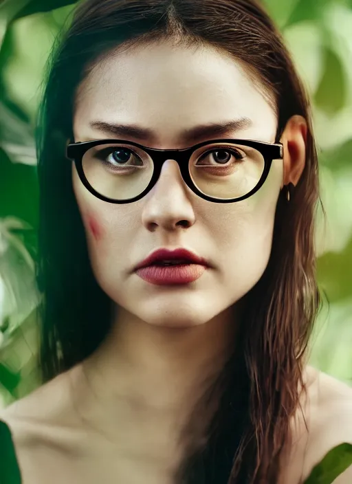 Prompt: beautiful amazon portrait, ( ( head shot ) ), sharp focus, neo classic, bloom, movie still, sony, puerto rico, symmetrial, makeup, sephora, loreal, green highlights, lens flare, studio light, octane render, national geographic, maybelline, model, glasses, traditional, vsco, bokeh, 8 k