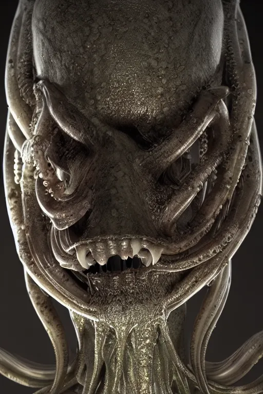 Prompt: ultrarealistic portrait of a scary alien with wet mandible and tentacles, dark atmosphere, by h. r. giger and h. p. lovecraft, octane render, cgi