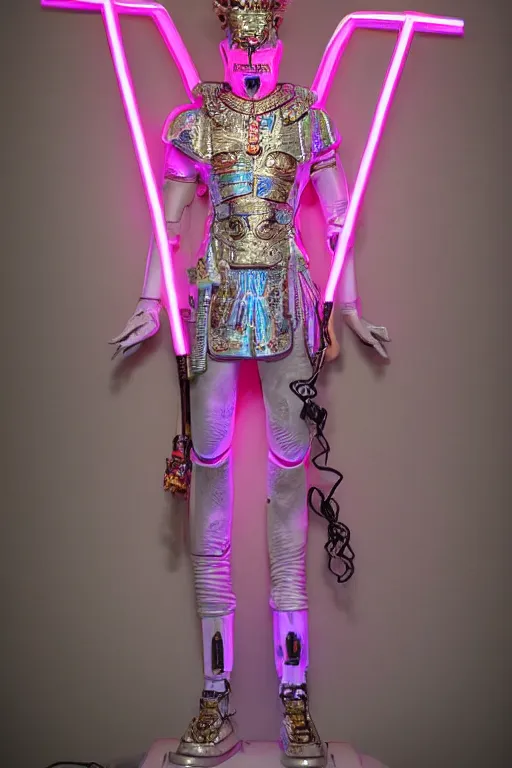 Image similar to full-body neon porcelain egyptian bladerunner greek style sculpture of a young handsome Russian royal as a high-fashion half-robot with a porcelain body with an opening exposing a battery leaking radioactive liquid, electric sparks, glowing violet laser beam eyes, crown of giant rubies, flowing pink and orange neon-colored silk, luminescent fabrics, mechanical raptors. baroque and steampunk elements. full-length view. baroque element. intricate artwork by caravaggio. Very very very very highly detailed epic photo of face. Trending on artstation, octane render, cinematic lighting from the right, hyper realism, octane render, 8k, depth of field, 3D