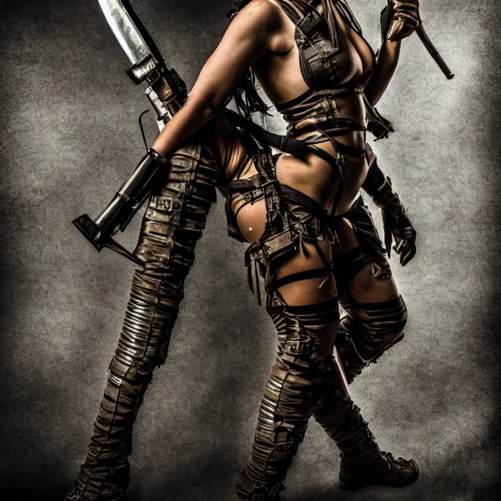 Image similar to full length photo of a very beautiful female atompunk warrior with weapons, 8 k, hdr, smooth, sharp focus, high resolution, award - winning photo