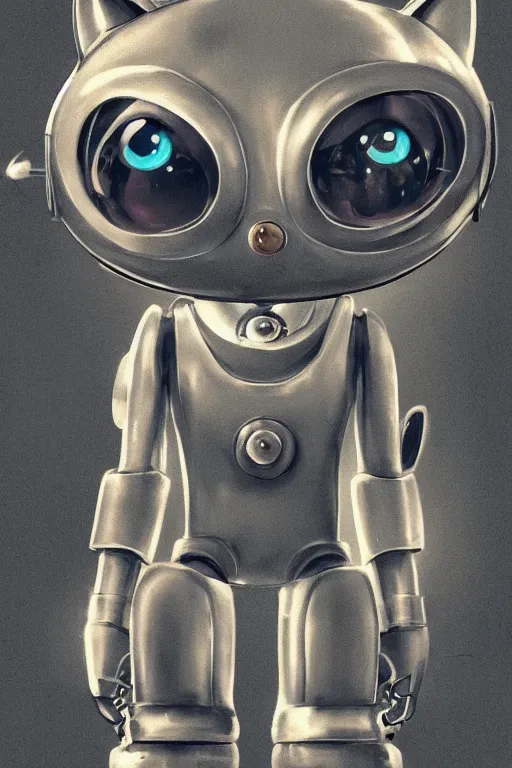 Image similar to a cute cat robot in a metropolitan city, painted by wally wood and matt jefferies, trending on artstation, steam punk, bright macro view pixar, award - winning, blueprint, big eyes, ( ( ( copper ) ) ) wire whiskers, chillwave, realism