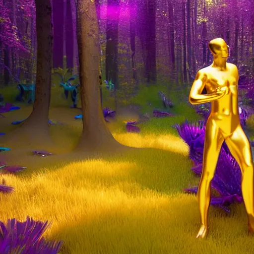 Prompt: a man made with rainbow and gold shiny fluid coated in glass in a purple forest in the style of the movie avatar:: zbrush, realistic, octane render, exquisite detail, 8K