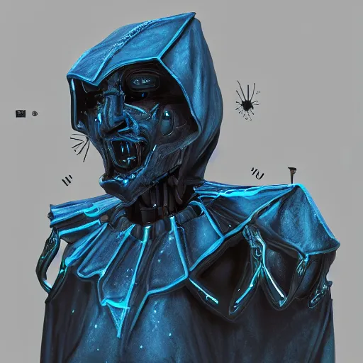 Image similar to award - winning. trending on artstation. 4 k. eerie tone. a robotic figure wearing a hooded cape made of the night sky with 1 5 dark blue glowing eyes on its face and rows of teeth on its chest. portrait.