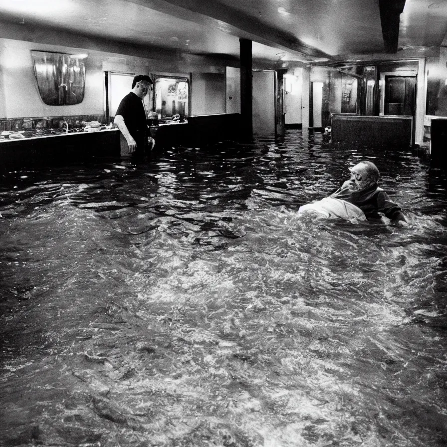 Image similar to 7 0 s movie still of an old man drowning in a soviet ballroom flooded in mud, cinestill 8 0 0 t 3 5 mm, heavy grain, high quality, high detail