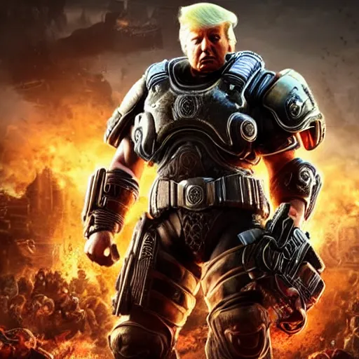 Image similar to Photo portrait of Donald Trump as Spartan in Gears of War, splash art, movie still, detailed face, photorealistic facial features, cinematic lighting, dramatic, octane render, long lens, shallow depth of field, bokeh, anamorphic lens flare, 8k, hyper detailed, 35mm film grain