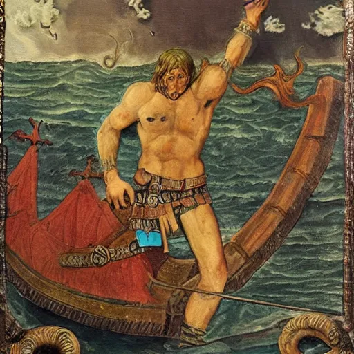 Prompt: a portrait of hun - norse man, surviving a shipwreck while fighting cthulhu, medieval style painting
