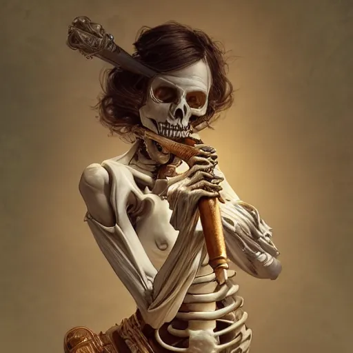 Prompt: a skeleton woman, playing the flute historical, intricate, highly detailed, dynamic lighting, digital art, digital painting, artstation, wlop, sharp focus, illustration, art by artgerm and greg rutkowski and alphonse mucha, 8 k