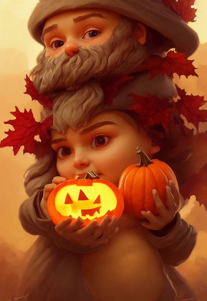 Image similar to hand drawn cute one gnomes face in autumn disguise holding pumpkin, detailed closeup face, concept art, low angle, high detail, warm lighting, volumetric, godrays, vivid, beautiful, trending on artstation, art by artgerm and greg rutkowski and alphonse mucha