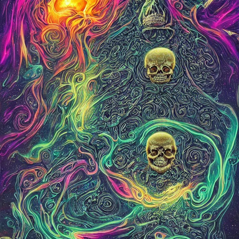 Image similar to a giant skull with deep and intricate rune carvings and glowing eyes with thick lovecraftian tentacles emerging from a space nebula by dan mumford, twirling smoke trail, a twisting vortex of dying galaxies, digital art, photorealistic, vivid colors, highly detailed, intricate