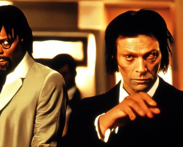 Prompt: Mads Mikkelsen as Vincent Vega in Pulp Fiction with Samuel Leroy Jackson