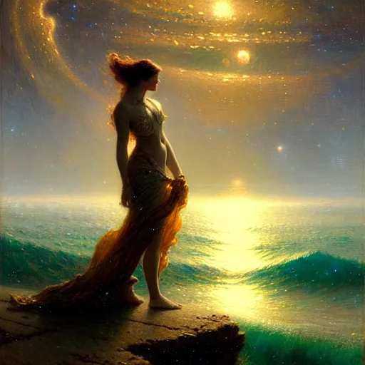 Image similar to night, the ocean, the milk way galaxy. highly detailed painting by gaston bussiere, greg rutkowski 8 k