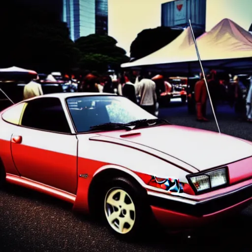 Prompt: a car Toyota Celica at carshow, Shibuya prefecture, city sunset, cinematic color, photorealistic, highly detailed