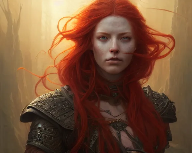 Image similar to highly detailed portrait of a warrior redhead woman, elden ring, stephen bliss, fantasy art by greg rutkowski, loish, rhads, ferdinand knab, makoto shinkai and lois van baarle, ilya kuvshinov, rossdraws, tom bagshaw, global illumination, radiant light, detailed and intricate environment