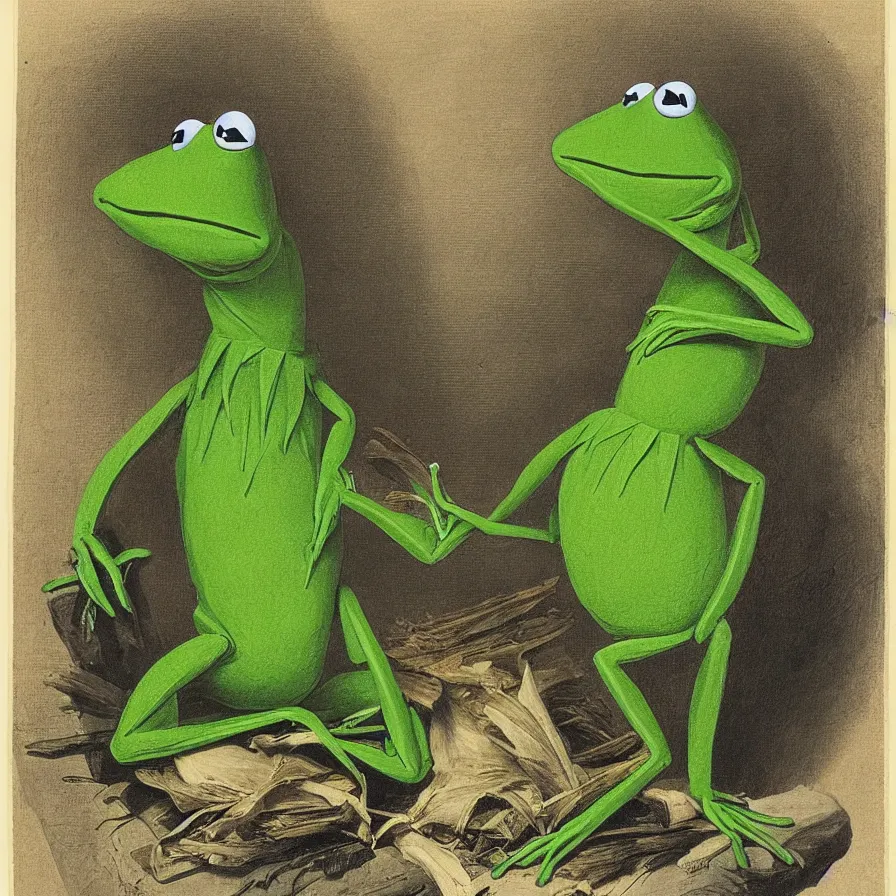 Image similar to “portrait of Kermit the frog by John James Audubon”