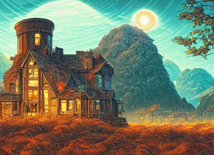 Image similar to A building in a stunning landscape by Dan Mumford, aesthetic, cosmic horror, solarpunk