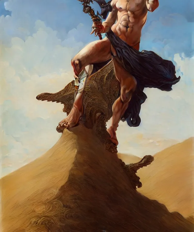 Image similar to An extremely agile and confident warrior standing atop a large sand dune, handsome clean shaven young face, straight hair, fantasy, intricate, elegant, highly detailed, digital painting, artstation, concept art, smooth, sharp focus, illustration, art by artgerm and greg rutkowski and alphonse mucha