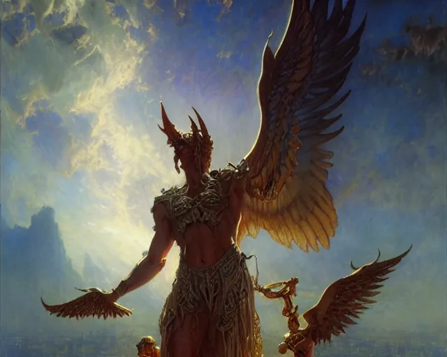 Image similar to attractive lucifer morning star summons death of the endless. highly detailed painting by gaston bussiere, craig mullins, j. c. leyendecker 8 k