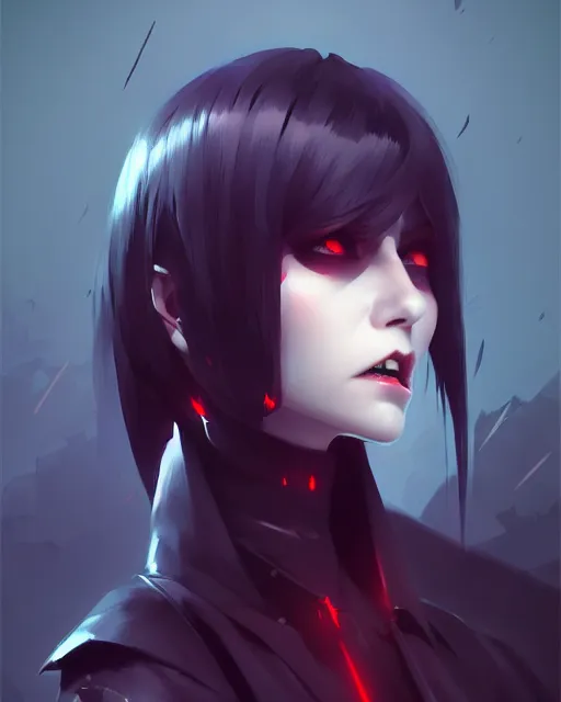 Image similar to sharp hq rendering, dark vampire, character portrait, concept art, painterly, fanart, highly detailed in the style of wlop by ilya kuvshinov, wenjun lin, angular asymmetrical design