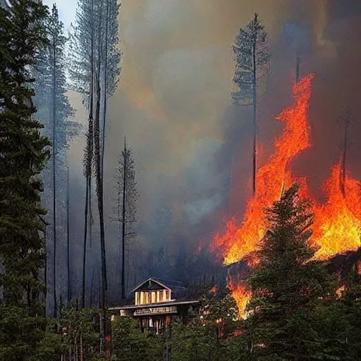 Image similar to a beautiful photo of a small hotel engulfed in a forest fire