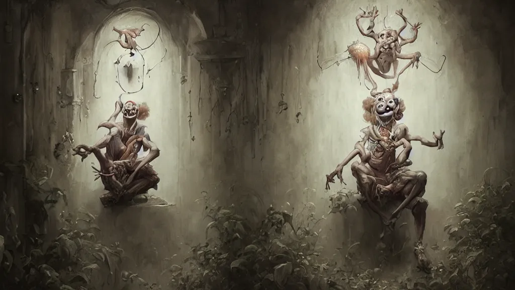 Image similar to a happy clown sitting in cloistered alleyway dreaming of a circus, in the style of peter mohrbacher by weta digital and beth cavener, high face symmetry, intricate, masterpiece, award winning, high face symmetry, intricate