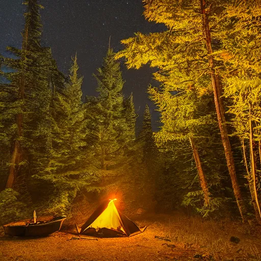 Prompt: campire in the woods at night in the canadian rockys, 4k, high detail, high-resolution photograph, professional photography, ultra-detail