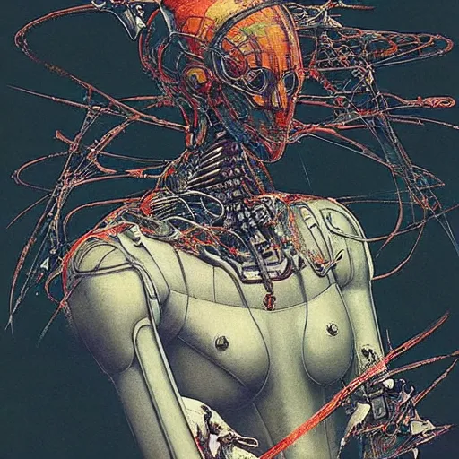 Prompt: “ a simple sci - fi concept art portrait of a sleek robot design, a highly detailed yoshitaka amano painting, by adrian ghenie and gerhard richter. art by takato yamamoto. masterpiece, deep colours. ”