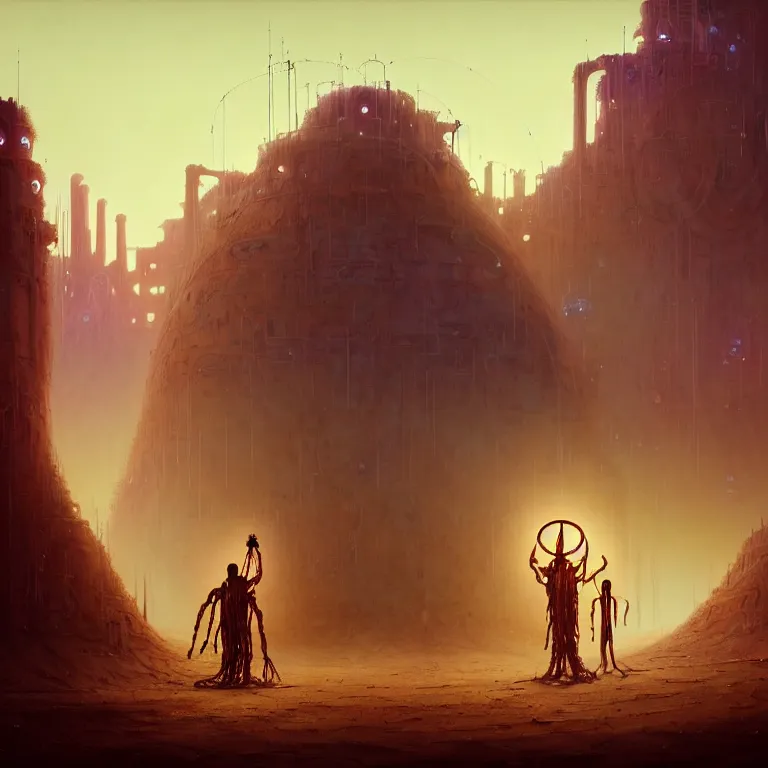 Image similar to A techno-magical male-shaman in shamanistic robes performs a ritual to resurrect a mechanical horse in a huge steel ancient ruins covered of dunes of sand. Art by Finnian MacManus, Simon Stalenhag. Masterpiece, fantasy art, cinematic, hyperdetailed, sigils, photorealistic, cyberpunk, postapocalyptic, steampunk, hyperrealism, octane render, 8k