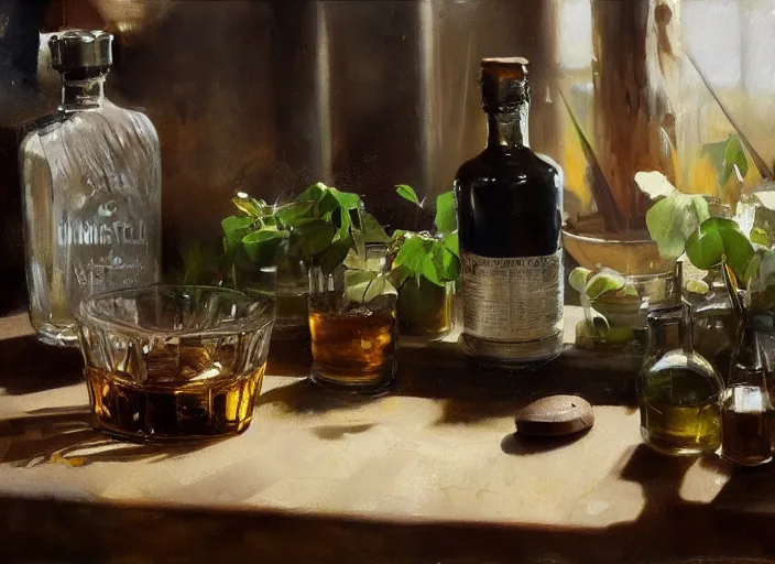 Image similar to oil painting of barley grains, plants and whiskey bottle, art by anders zorn, wonderful masterpiece by greg rutkowski, beautiful cinematic light, american romanticism by greg manchess, creation by tyler edlin