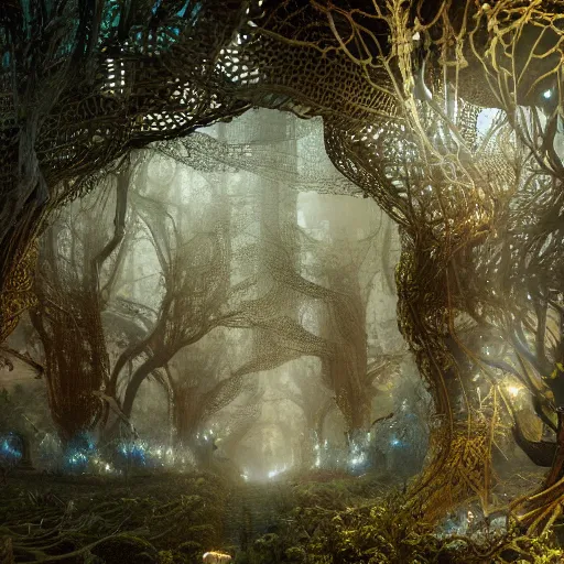 Image similar to biocomputer organs inside a bioneural antique lace in a biomechanical forest with biocomputer flowers, epic environment, matte painting, diffused lighting, highly detailed cinematic, epic atmosphere, diffused lighting, highly detailed digital art, trending on artstation, depth of field, wide angle