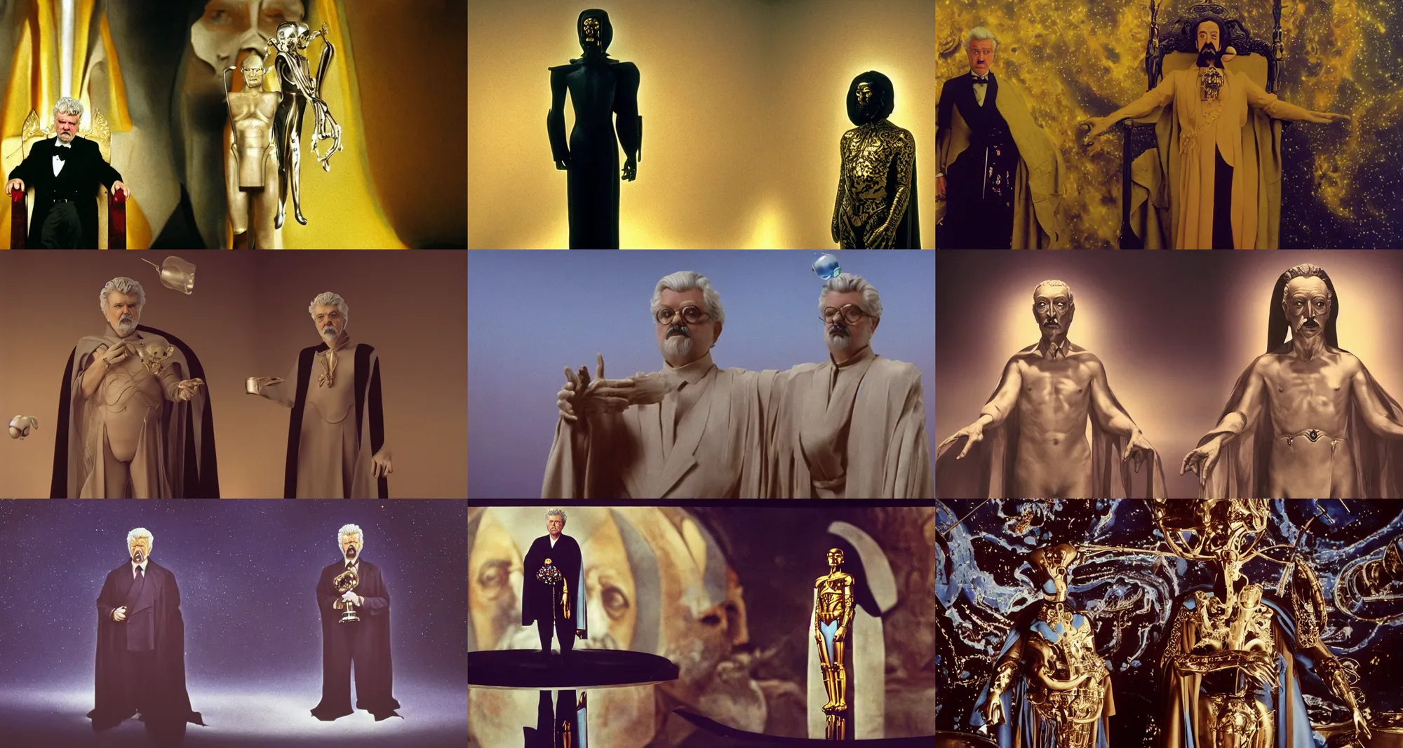 Prompt: the full body portrait of ( ( ( ( ( ( salvador dali ) ) ) ) ) ) ) as emperor of universe | still frame from the movie by george lucas with cinematogrophy of christopher doyle and art direction by hans giger, anamorphic lens, 8 k, low key light, imax film