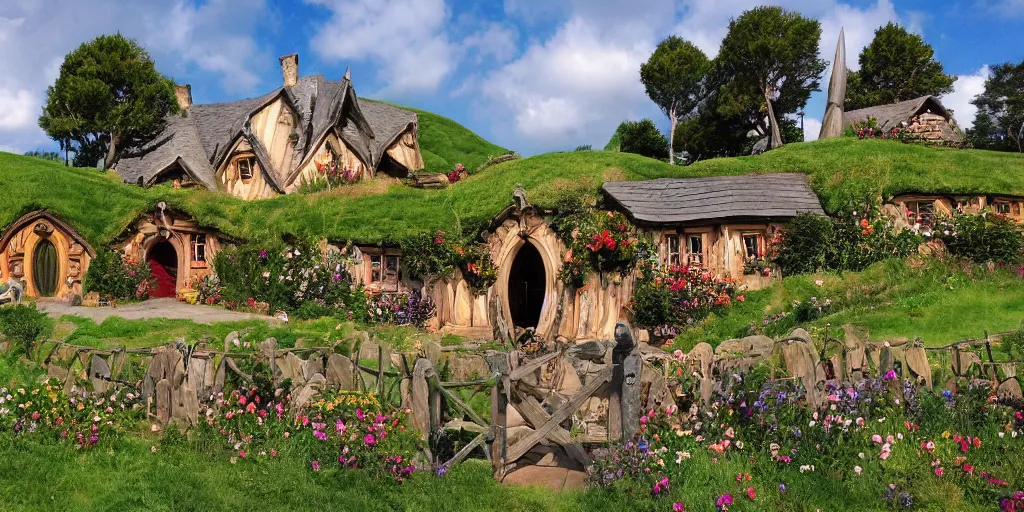 Image similar to hobbiton in the style of howl's moving castle