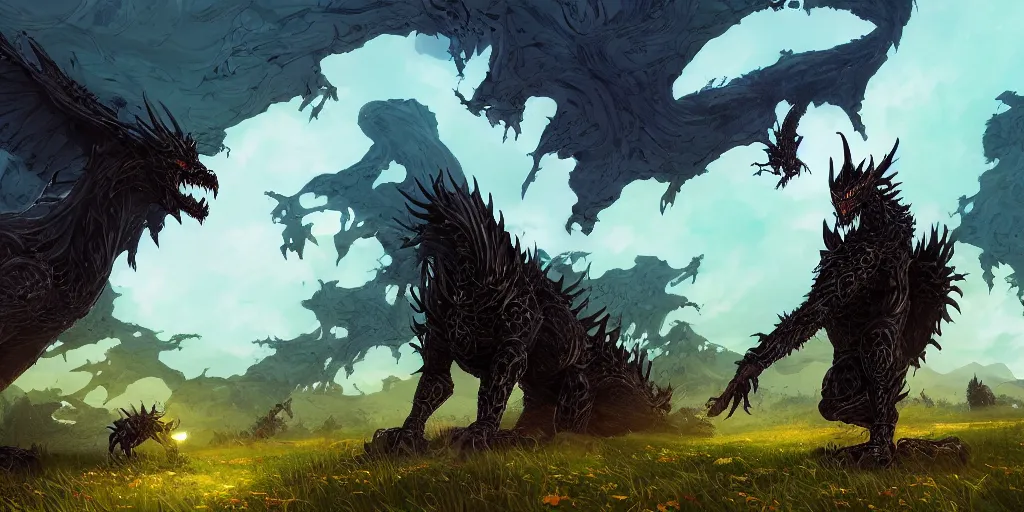 Prompt: The guardian of the meadow, a terrible black dragon, mattepainting concept Blizzard pixar maya engine on stylized background splash comics global illumination lighting artstation by Feng Zhu and Loish and Laurie Greasley, Victo Ngai, Andreas Rocha, John Harris