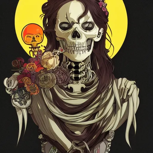Image similar to anime manga skull portrait girl female skeleton illustration sunset art Geof Darrow and Ashley wood and Ilya repin and alphonse mucha pop art nouveau