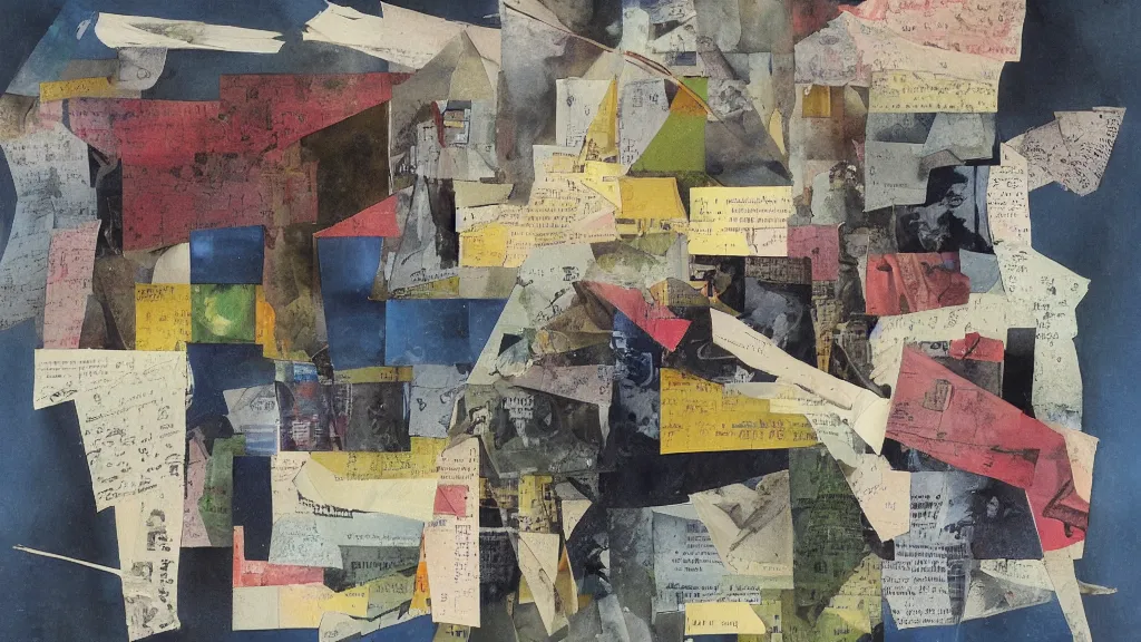 Prompt: “a collage made by Kurt Schwitters Cut-and-pasted colored paper and printed paper, watercolor, oil, and pencil on board, design process, detailed scan”