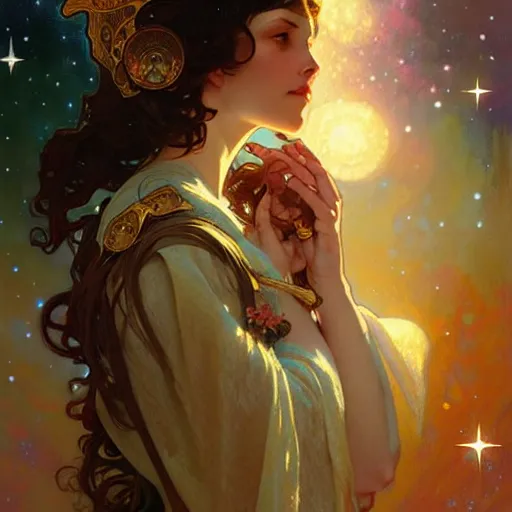 Image similar to Seeking Star Bubbles Cosmic Love, fantasy, intricate, elegant, highly detailed, digital painting, artstation, concept art, smooth, sharp focus, illustration, art by Krenz Cushart and Artem Demura and alphonse mucha