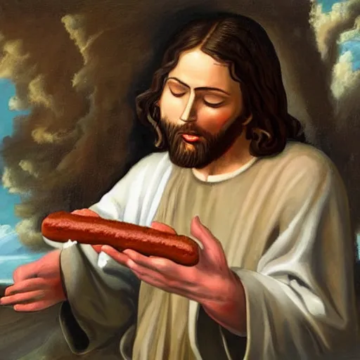 Prompt: Jesus eating a hotdog while reloading his revolver painting