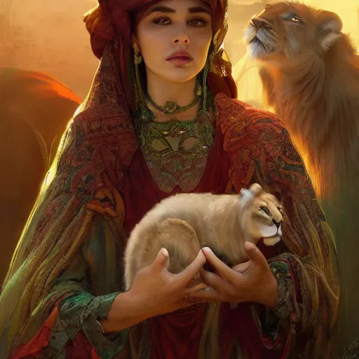 Image similar to a Photorealistic dramatic hyperrealistic render of an arab ameera al taweel, tan skin, green eyes, red hair, white veil, with a pet lion by WLOP,Artgerm,Greg Rutkowski,Alphonse Mucha, Beautiful dynamic dramatic dark moody lighting,shadows,cinematic atmosphere,Artstation,concept design art,Octane render,8K