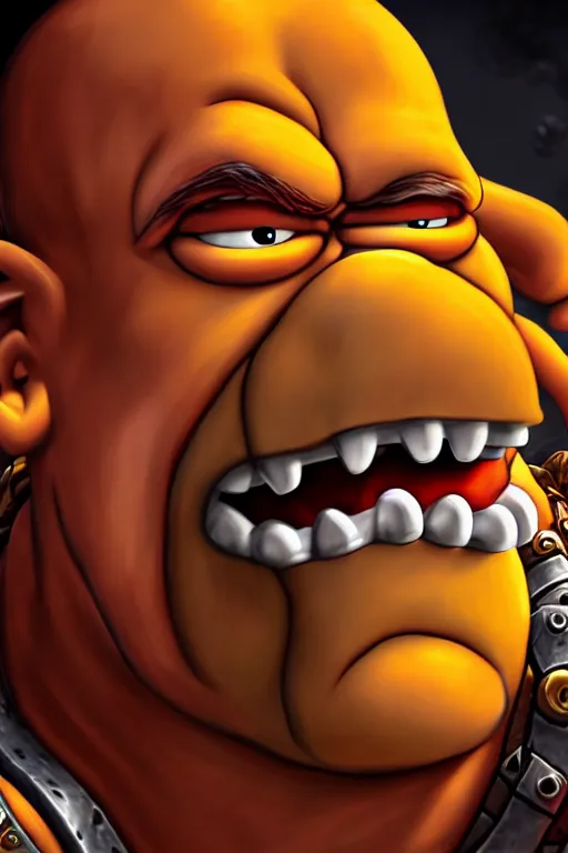 Image similar to a very detailed portrait of homer simpson mixed with garrosh hellscream from warcraft trending on artstation, digital art, 4 k, hyper realistic, splash art, sharp focus